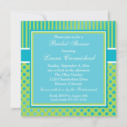 Groen Blauw Wit Polka Dot Streep Douche Invite Kaart (Achterkant)