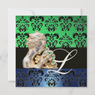 GROEN BLAUW, ZWART, WIT DAMAST JEWEL MONOGRAM KAART