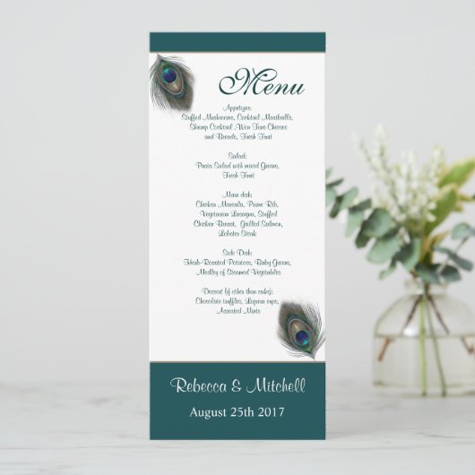Groen blauwe pauwveren Menu Uitnodiging (Staand voorkant)