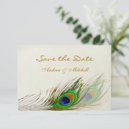 Groen blauwe pauwveren Save the date Uitnodiging (Staand voorkant)