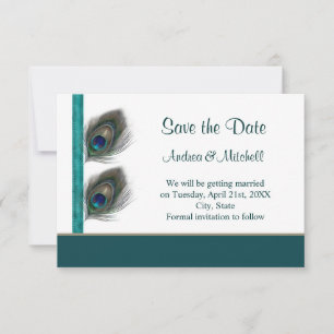 Groen blauwe pauwveren Save the date uitnodiging