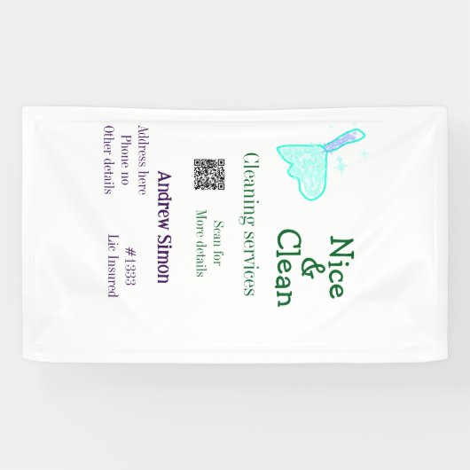 Groen blauwe raster schoon mop voeg naam adres qr  spandoek (Horizontaal)