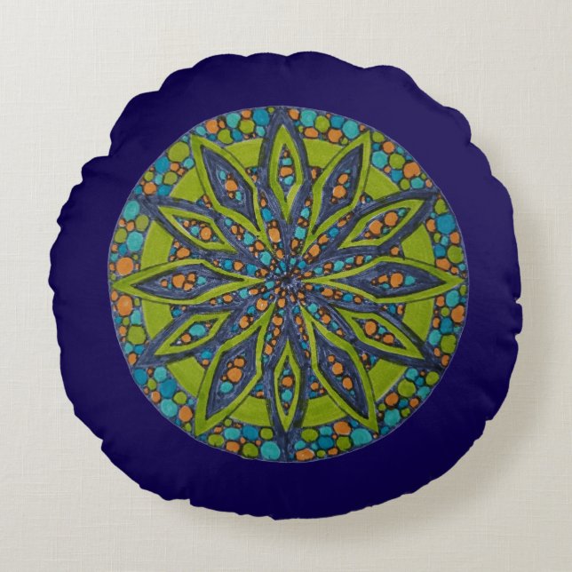 Groen/Blauwe Starburst Mandala Ronde Worp Kussen (Voorkant)