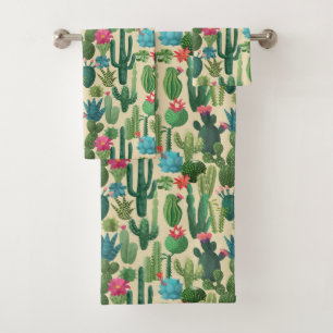 Groen Blauwgroen Blooming Cactussen Patroon Bad Handdoek