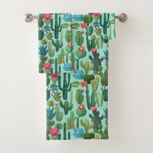Groen Blauwgroen Blooming Cactussen Patroon Bad Handdoek (Insitu)