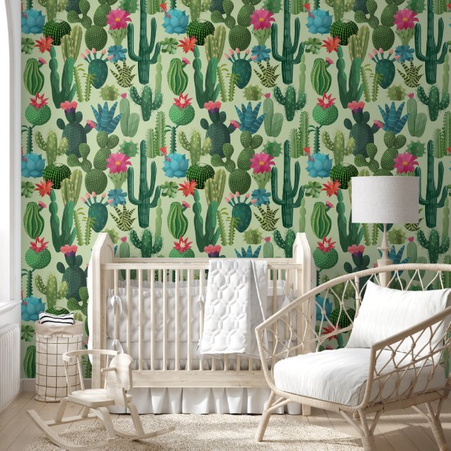 Groen Blauwgroen Blooming Cactussen Patroon Behang (Kinderen)