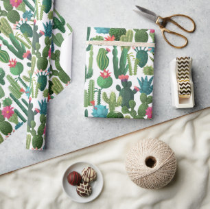 Groen Blauwgroen Blooming Cactussen Patroon Cadeaupapier
