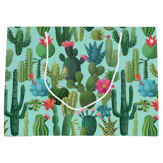 Groen Blauwgroen Blooming Cactussen Patroon Groot Cadeauzakje (Voorkant)