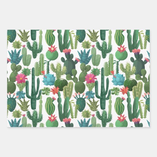 Groen Blauwgroen Blooming Cactussen Patroon Inpakpapier Vel (Voorkant 3)