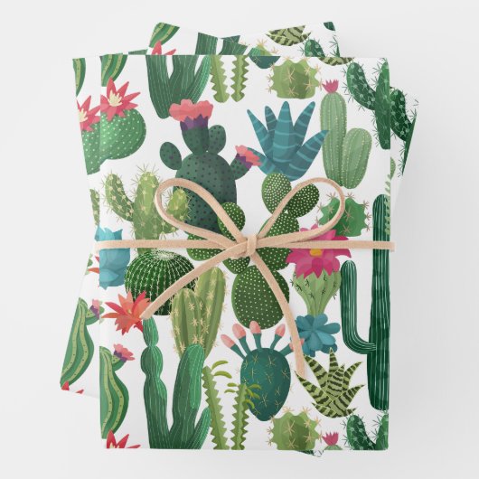 Groen Blauwgroen Blooming Cactussen Patroon Inpakpapier Vel (In situ)