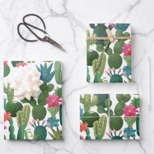Groen Blauwgroen Blooming Cactussen Patroon Inpakpapier Vel