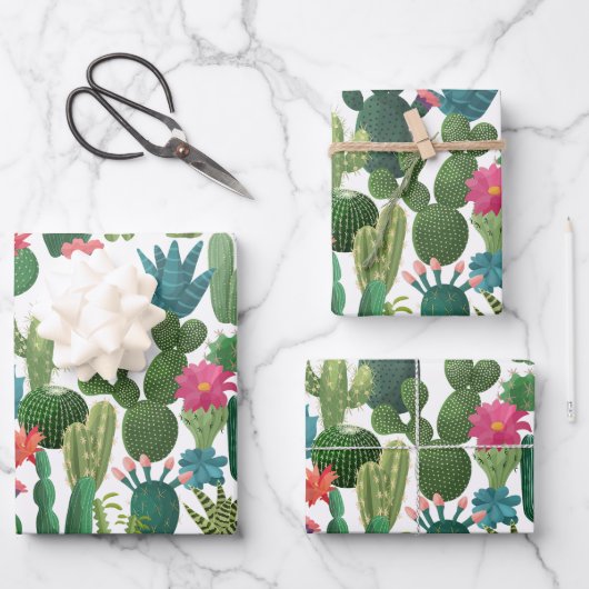 Groen Blauwgroen Blooming Cactussen Patroon Inpakpapier Vel (Voorkant)