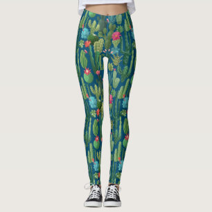 Groen Blauwgroen Blooming Cactussen Patroon Leggings