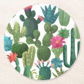 Groen Blauwgroen Blooming Cactussen Patroon Ronde Kartonnen Onderzetter (Voorkant)