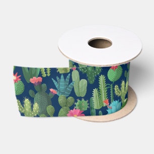 Groen Blauwgroen Blooming Cactussen Patroon Satijnen Lint