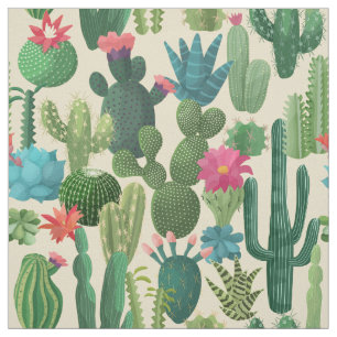 Groen Blauwgroen Blooming Cactussen Patroon Stof