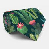 Groen Blauwgroen Blooming Cactussen Patroon Stropdas (Opgerold)