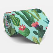 Groen Blauwgroen Blooming Cactussen Patroon Stropdas (Opgerold)