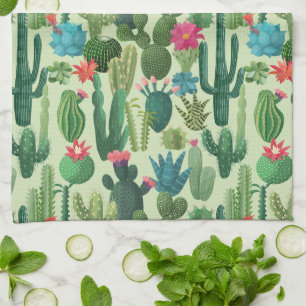 Groen Blauwgroen Blooming Cactussen Patroon Theedoek