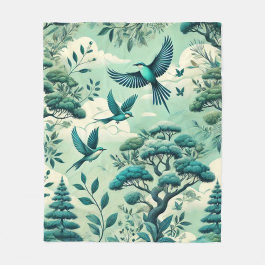 Groen Blauwgroen bos en vogelpatroon Fleece Deken (Voorkant)