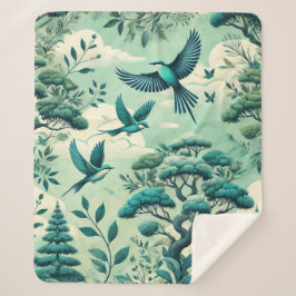 Groen Blauwgroen bos en vogelpatroon Sherpa Deken
