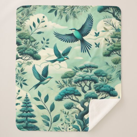 Groen Blauwgroen bos en vogelpatroon Sherpa Deken (Voorkant)