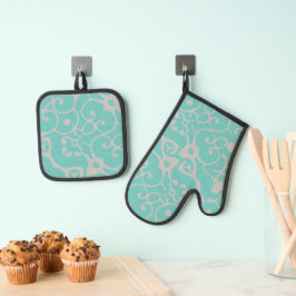 Groen Blauwgroen grijs patroon Ovenwant & Pannenlap Set