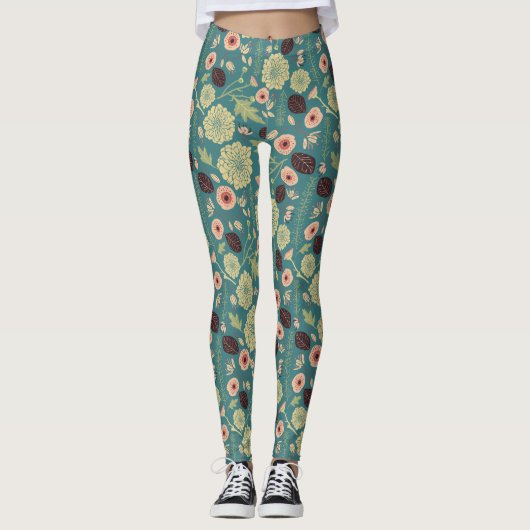 Groen Blauwgroen Roze Floral Afspeelbaar Mix Patro Leggings (Voorkant)