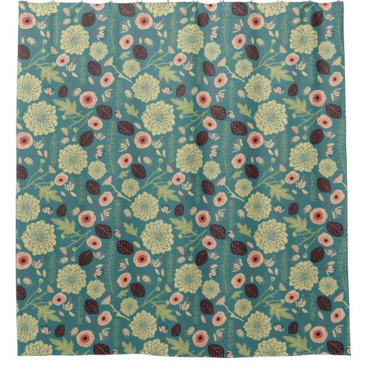 Groen Blauwgroen Roze Floral Toss Pattern Douchegordijn (Voorkant)