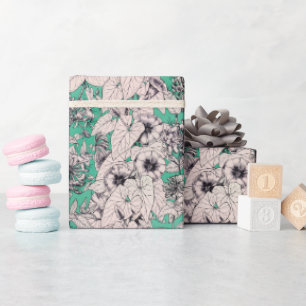 Groen Blauwgroen wit patroon van grafische bloemen Cadeaupapier