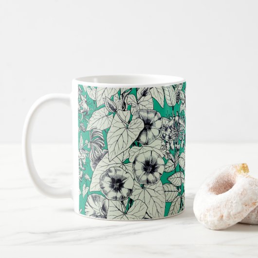 Groen Blauwgroen wit patroon van grafische bloemen Koffiemok (Met donut)