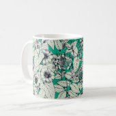 Groen Blauwgroen wit patroon van grafische bloemen Koffiemok (Voorkant links)