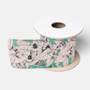 Groen Blauwgroen wit patroon van grafische bloemen Satijnen Lint