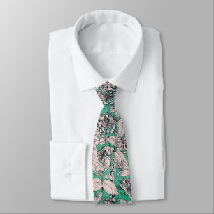 Groen Blauwgroen wit patroon van grafische bloemen Stropdas