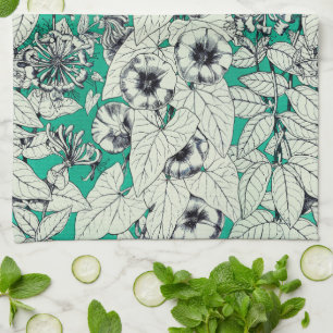 Groen Blauwgroen wit patroon van grafische bloemen Theedoek