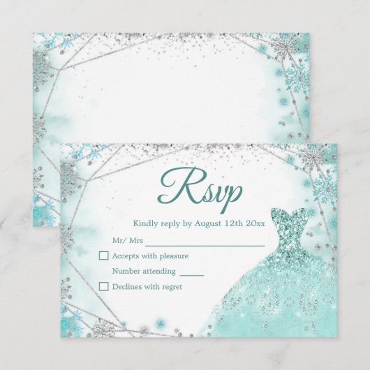 Groen Blauwgroen Zilver Kerstmis Prinses Quinceañe RSVP Kaartje (Voorkant / Achterkant)