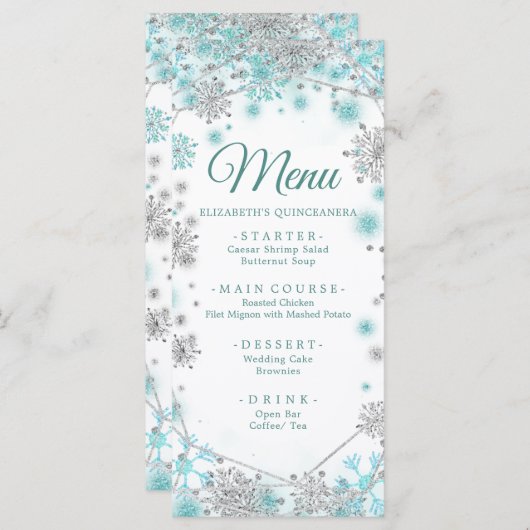 Groen Blauwgroen Zilver Kerstmis Sneeuwvlok Quince Menu (Voorkant / Achterkant)