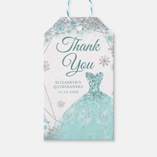 Groen Blauwgroen Zilver Sneeuwvlok Mis Quince Dank Cadeaulabel (Voorkant)