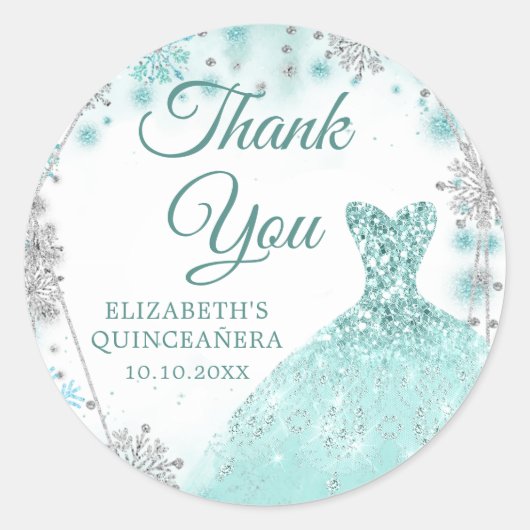 Groen Blauwgroen Zilver Wintere Quinceañera Bedank Ronde Sticker (Voorkant)
