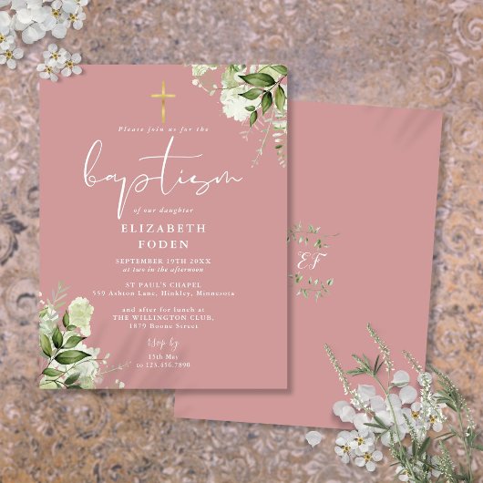 Groen Bloem Stof Roze Roze Doop Uitnodiging