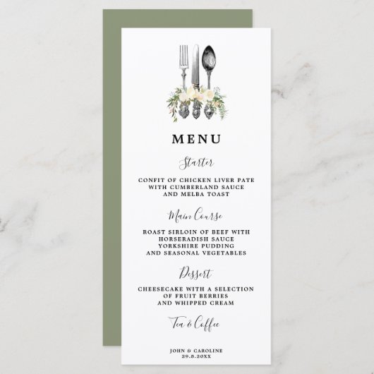 Groen Bloemen Bestek Wedding Menu kaarten (Voorkant / Achterkant)