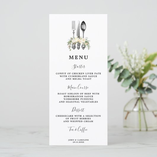 Groen Bloemen Bestek Wedding Menu kaarten (Staand voorkant)
