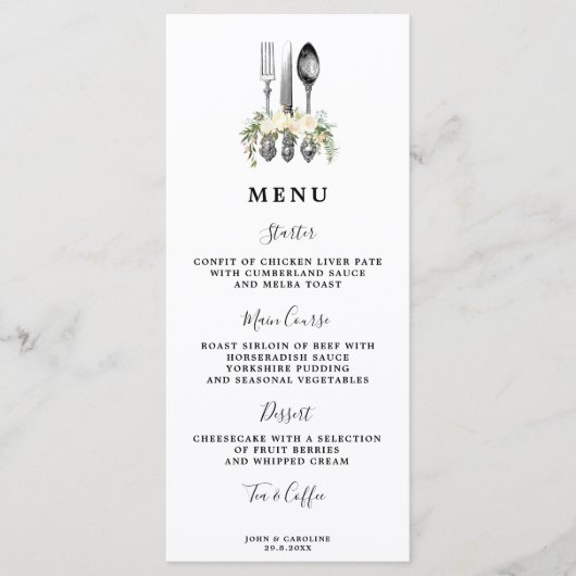 Groen Bloemen Bestek Wedding Menu kaarten (Voorkant)