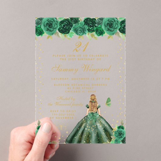 Groen Bloemen Blond Haar Prinses Verjaardagsfeest Acryl Uitnodigingen (Insitu (Draagbaar))