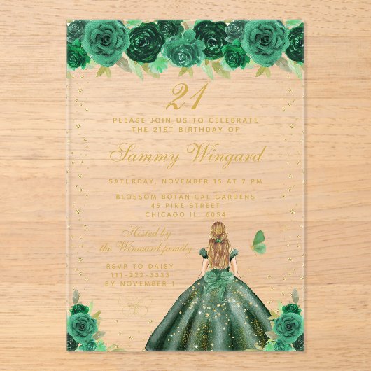 Groen Bloemen Blond Haar Prinses Verjaardagsfeest Acryl Uitnodigingen (Voorkant)
