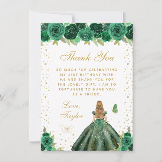 Groen Bloemen Blond Haar Prinses Verjaardagsfeest Bedankkaart (Voorkant)