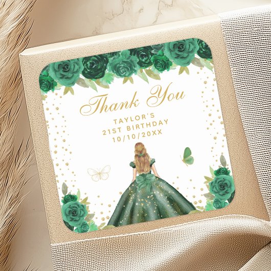 Groen Bloemen Blond Haar Prinses Verjaardagsfeest Vierkante Sticker