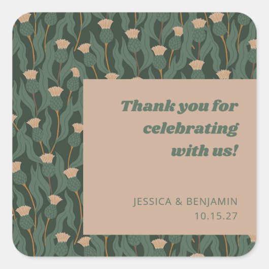 Groen Bloemen Boho Bruiloft Custom Dank u Vierkante Sticker (Voorkant)