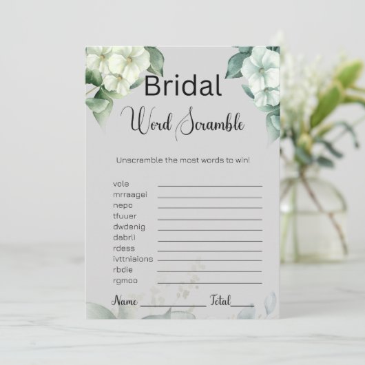Groen & Bloemen Bruids Grijs Woord Scramble Game Kaart (Staand voorkant)