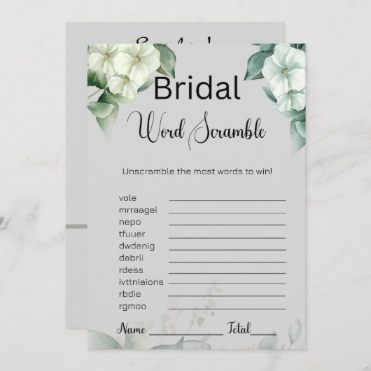 Groen & Bloemen Bruids Grijs Woord Scramble Game Kaart (Voorkant / Achterkant)